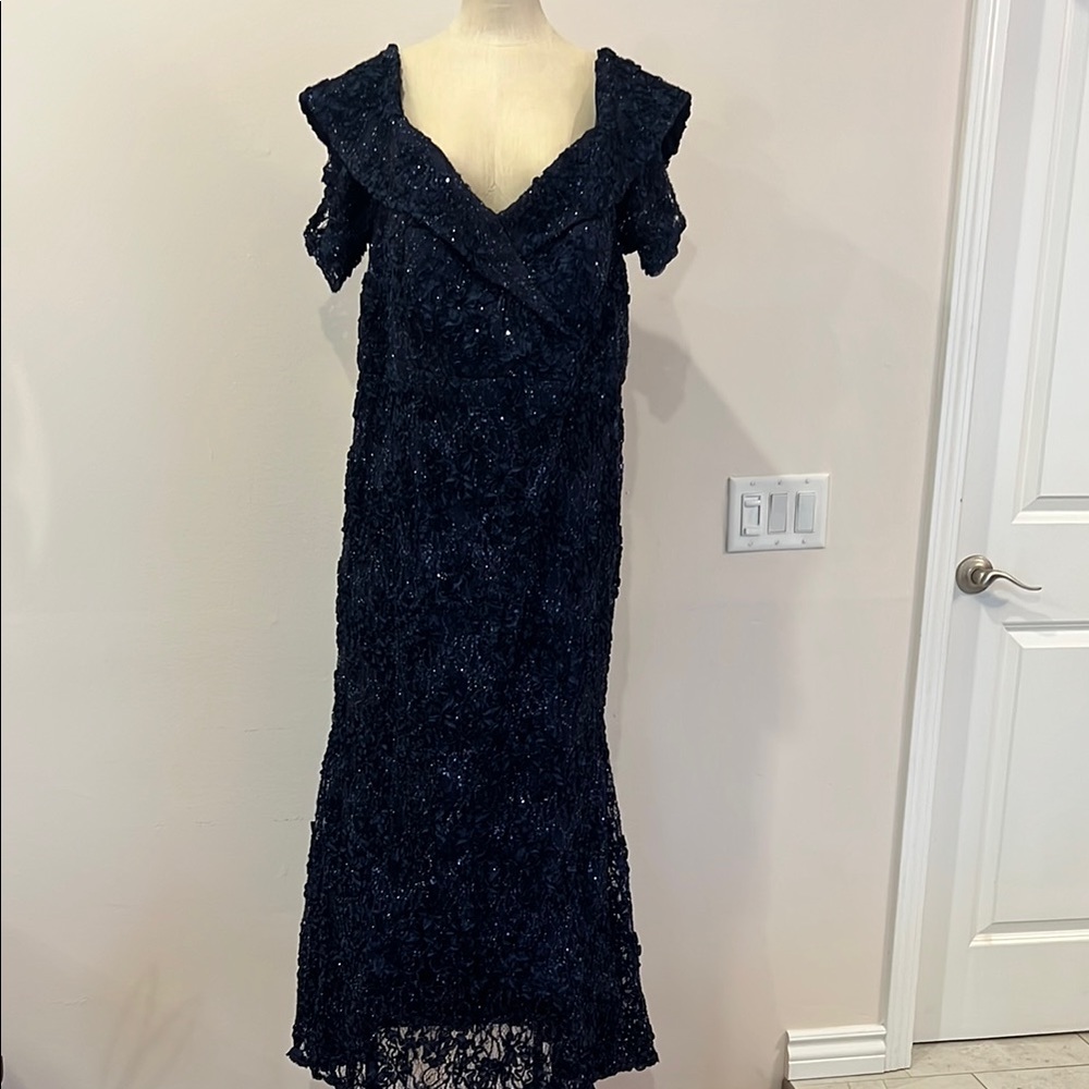 Xscape Blue Ruffled Off-Shoulder Midi Dress